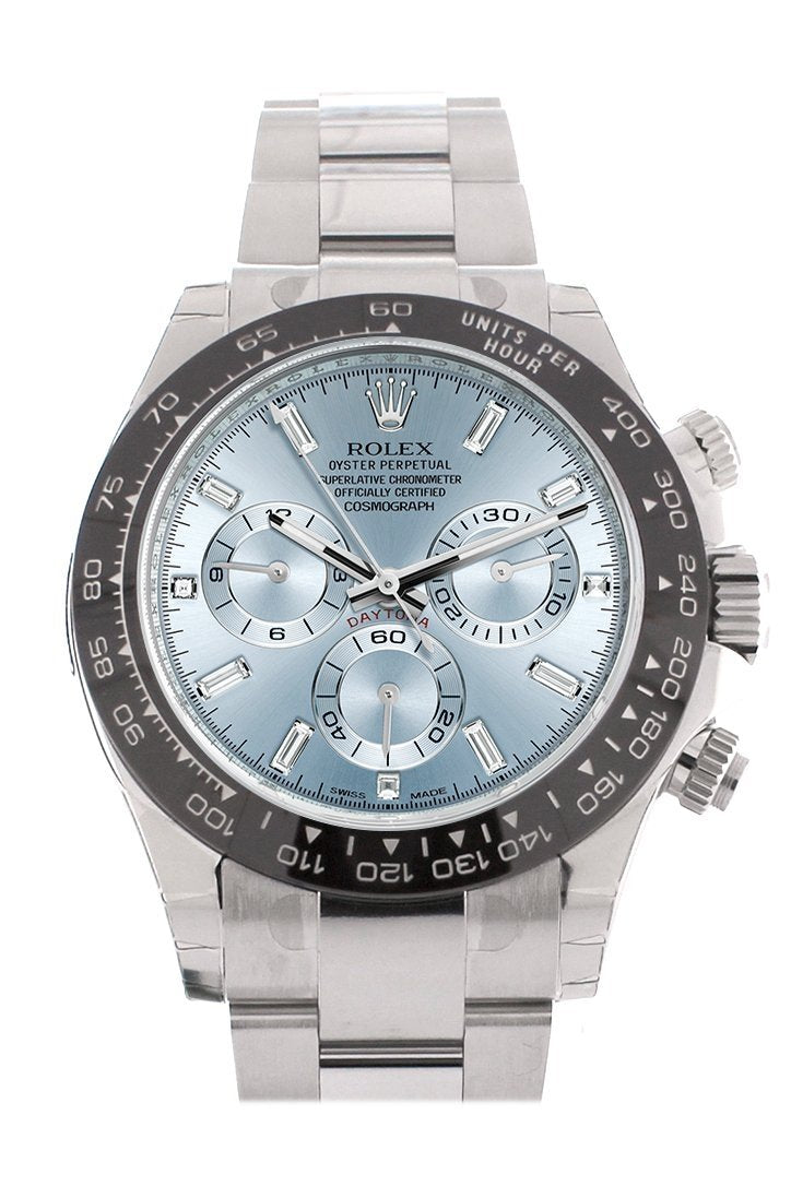 Cosmograph Daytona Ice Blue 8 Baguette Diamond Platinum Mens Watch 116506.