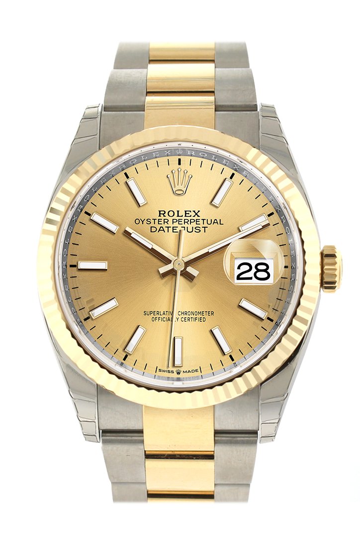 Datejust 36 Champagne-colour Dial Fluted Bezel Oyster Yellow Gold Two Tone Watch 126233 NP.