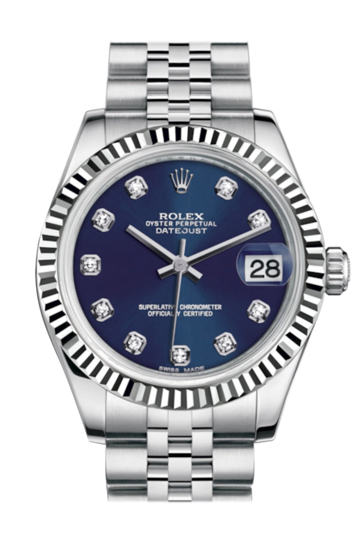 Datejust 31 Blue Set Diamonds Dial White Gold Fluted Bezel Jubilee Ladies Watch 178274.