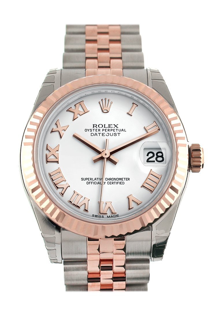 Datejust 31 White Roman Dial Fluted Bezel 18K Rose Gold Two Tone Jubilee Ladies Watch 178271.