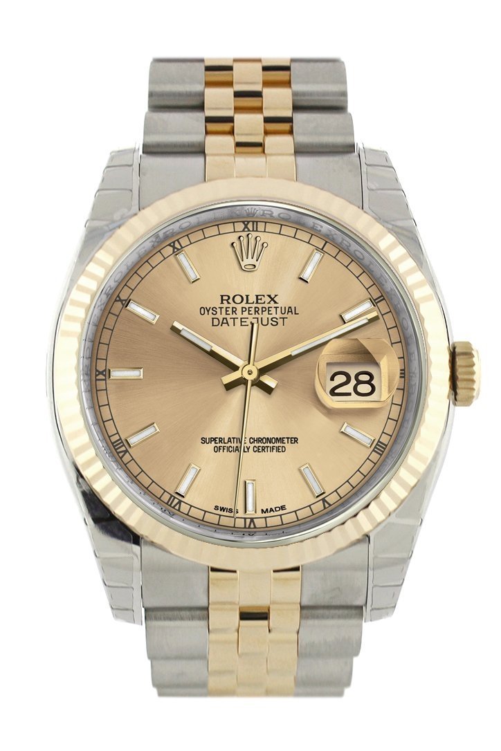Datejust 36 Champagne Dial Fluted 18K Gold Two Tone Jubilee Watch 116233.