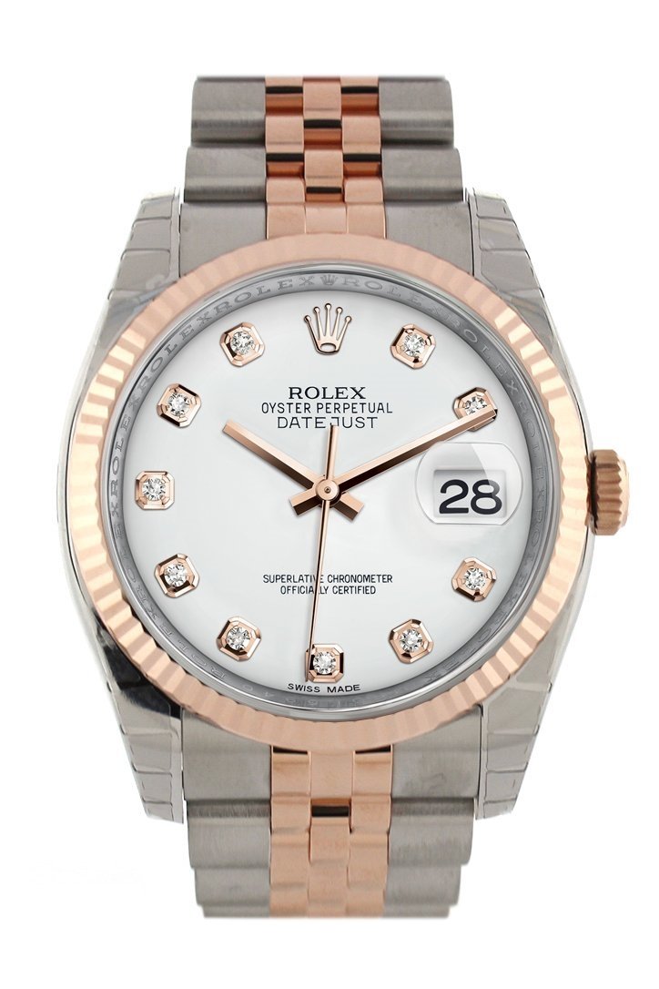 Datejust 36 White set with diamonds Dial Fluted Steel and 18k Rose Gold Jubilee Watch 116231.