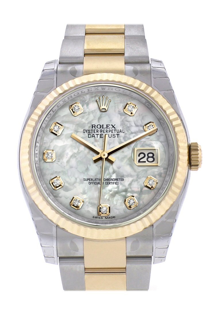Datejust 36 White mother-of-pearl Diamond Dial Fluted 18K Gold Two Tone Oyster Watch 116233.