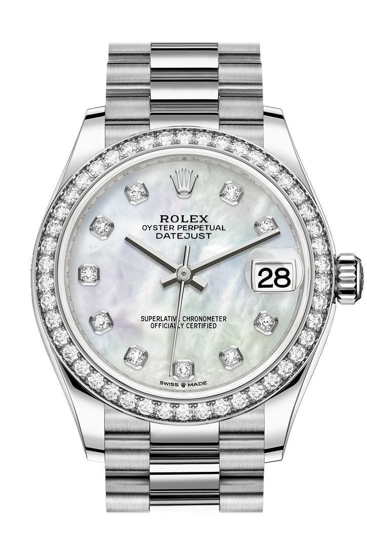 Datejust 31 White mother-of-pearl Diamond Dial Diamond Bezel 18K White Gold President Ladies Watch 278289RBR.