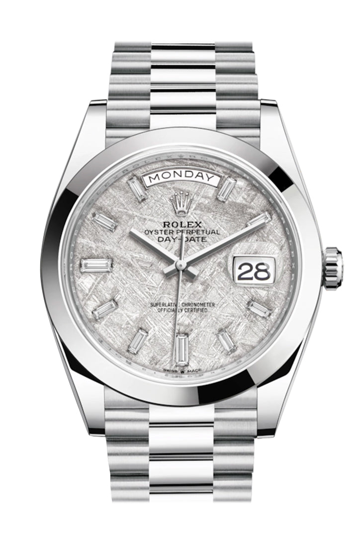 Day-Date 40 Meteorite Baguette Diamond Dial Dial Dome Bezel Platinum President Automatic Men's Watch 228206.
