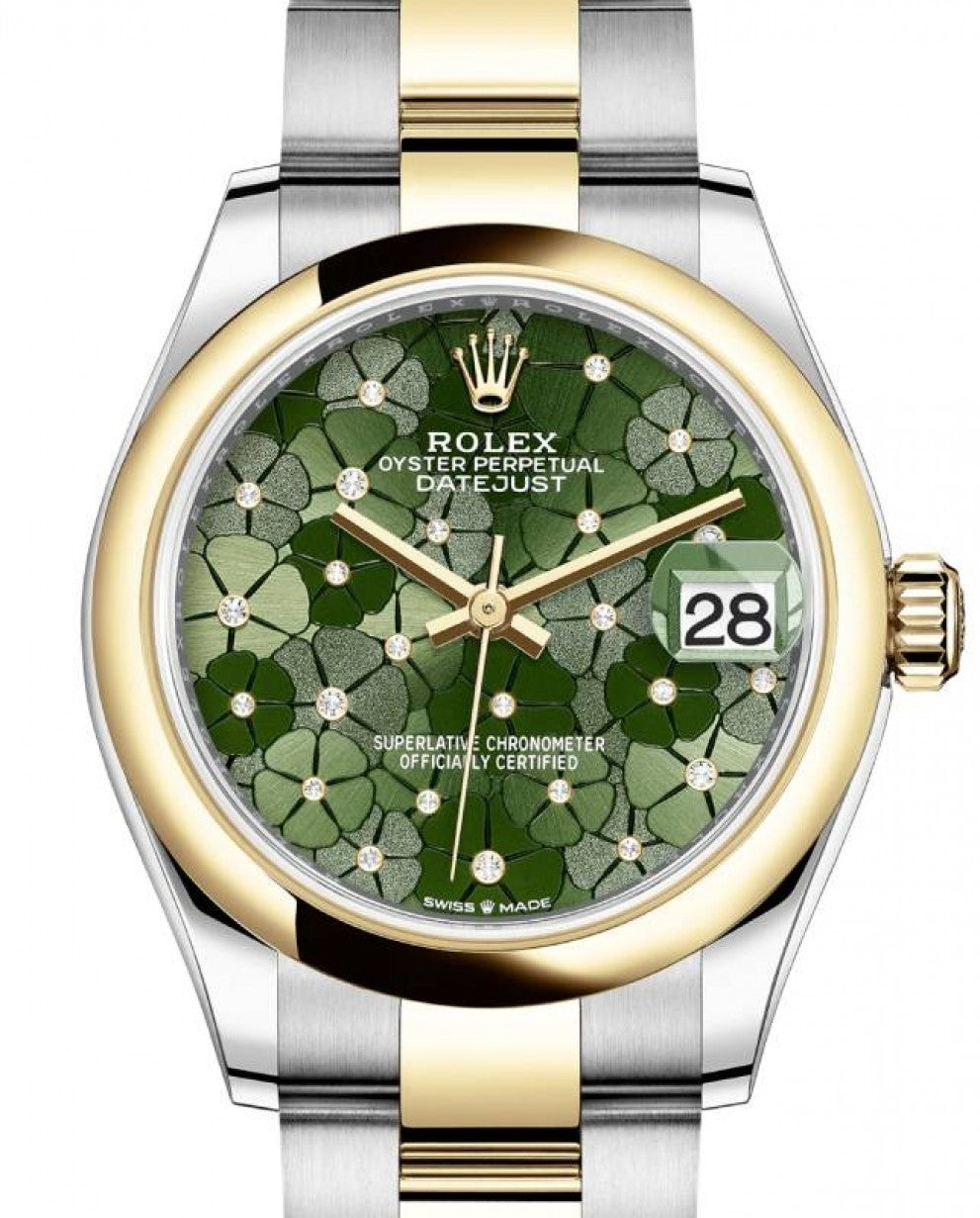 Rolex Datejust 31 Yellow Gold/Steel Olive Green Floral Motif Diamond Dial & Smooth Domed Bezel Oyster Bracelet 278243 - BRAND NEW