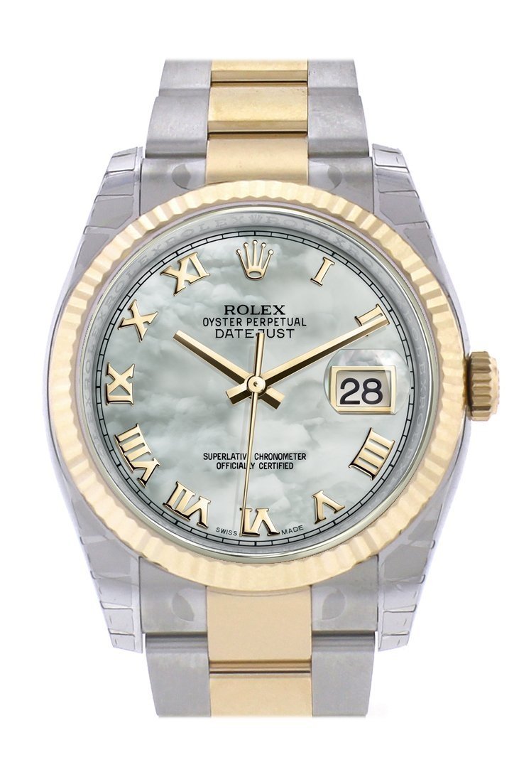 Datejust 36 White mother-of-pearl Roman Dial Fluted 18K Gold Two Tone Oyster Watch 116233.