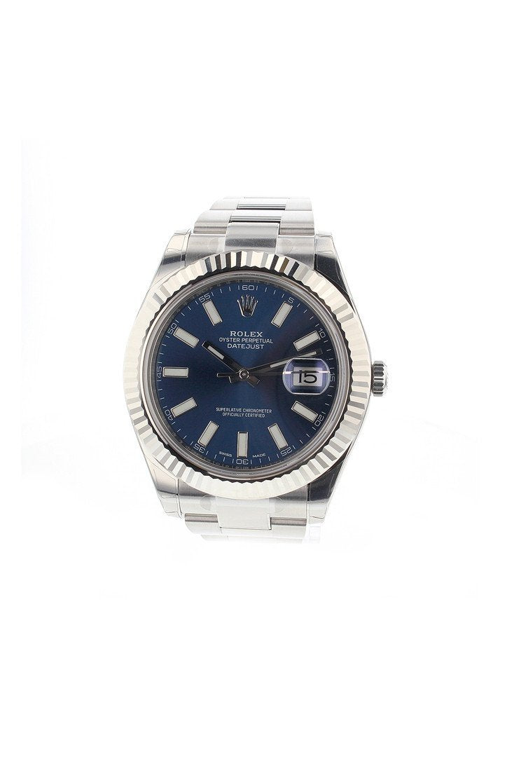 Datejust II 41 Blue Dial 18k White Gold Fluted Bezel Steel Men's Watch 116334.