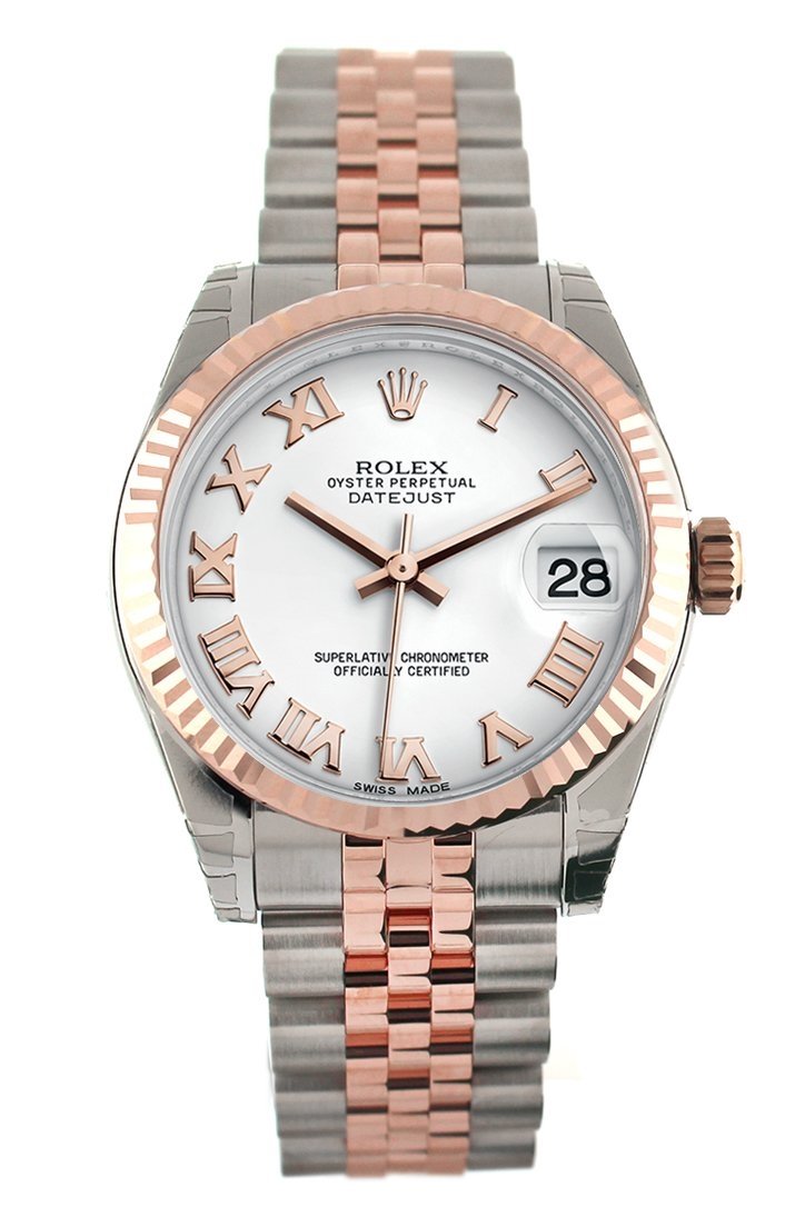 Datejust 31 White Roman Dial Fluted Bezel 18K Rose Gold Two Tone Jubilee Ladies Watch 178271.