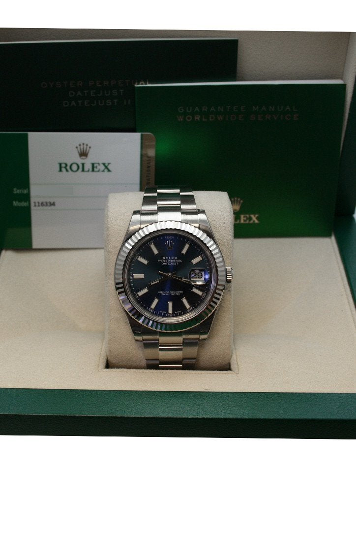 Datejust II 41 Blue Dial 18k White Gold Fluted Bezel Steel Men's Watch 116334.