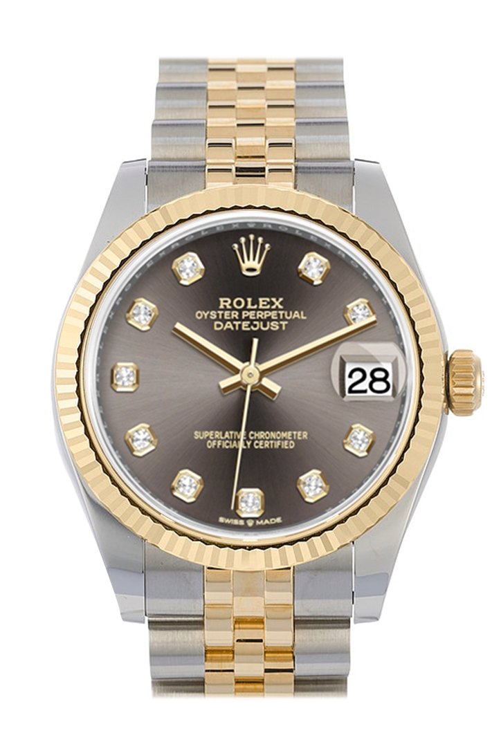 Datejust 31 Dark Grey Diamonds Dial Fluted Bezel 18K Yellow Gold Two Tone Jubilee Watch 278273 NP.