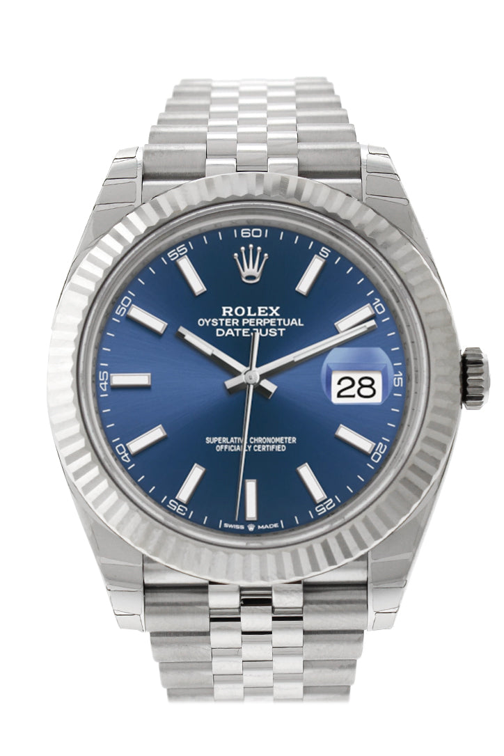 Datejust 41 Blue Dial White Gold Fluted Bezel Jubilee Mens Watch 126334.