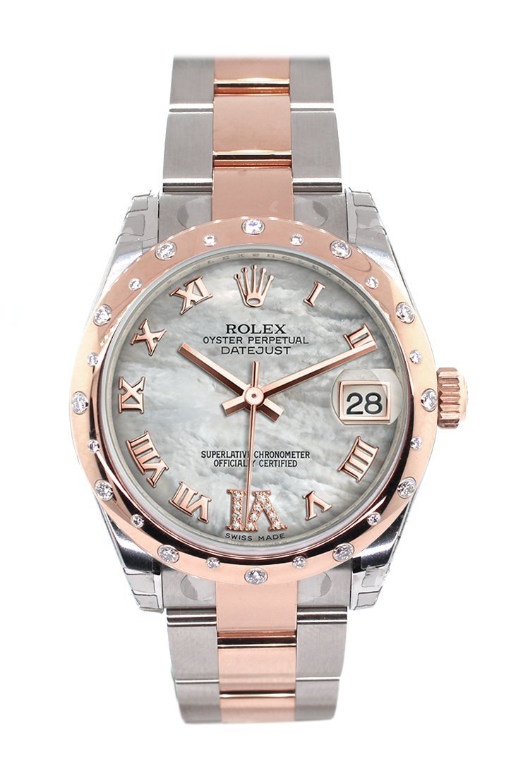 Datejust 31 White Mother of Pearl Roman Large VI set with Diamond Dial Diamond Bezel 18K Rose Gold Two Tone Ladies Watch 178341.