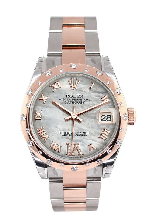 Datejust 31 White Mother of Pearl Roman Large VI set with Diamond Dial Diamond Bezel 18K Rose Gold Two Tone Ladies Watch 178341.