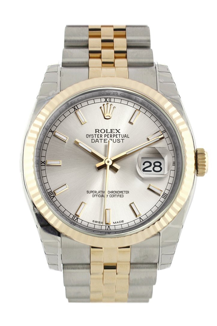 Datejust 36 Silver Dial Fluted 18K Gold Two Tone Jubilee Watch 116233.
