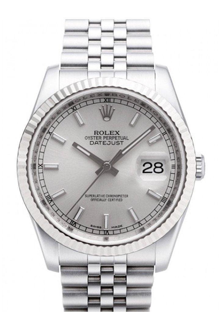 Datejust 36 Silver Dial 18k White Gold Fluted Bezel Stainless Steel Jubilee Watch 116234.