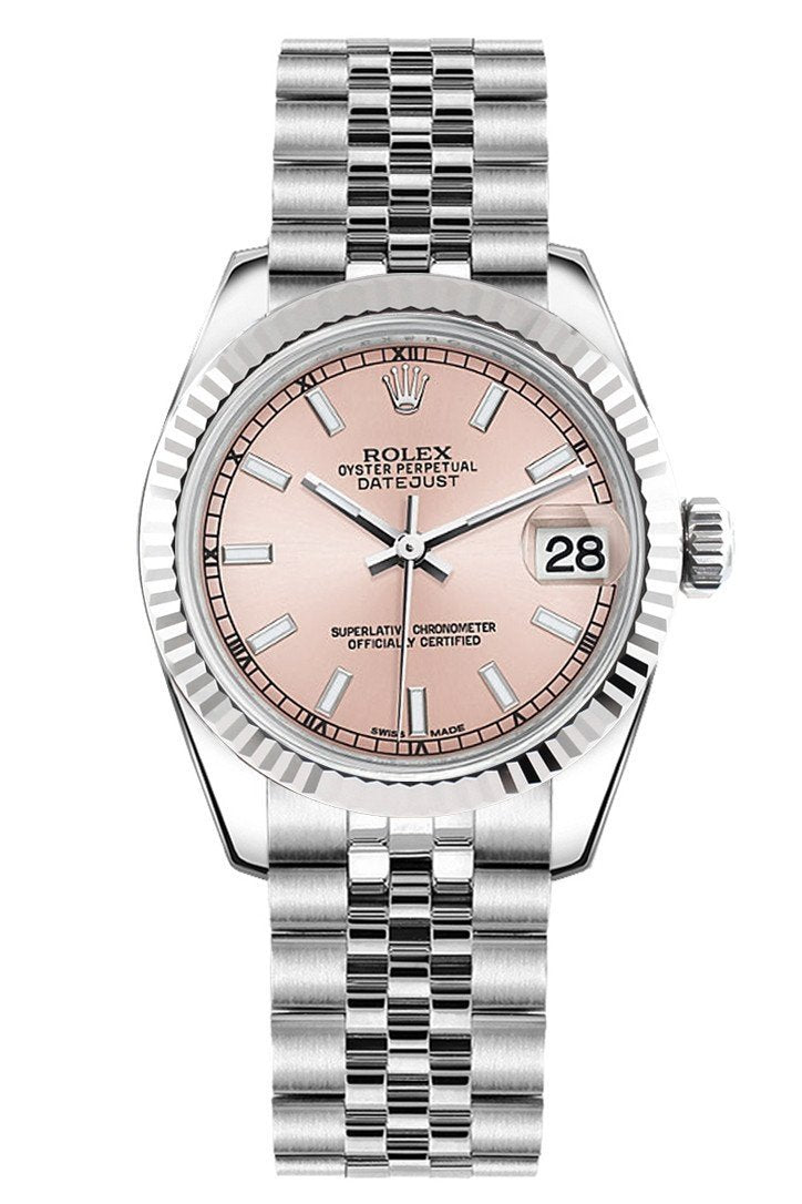 Datejust 31 Pink Dial White Gold Fluted Bezel Jubilee Ladies Watch 178274.