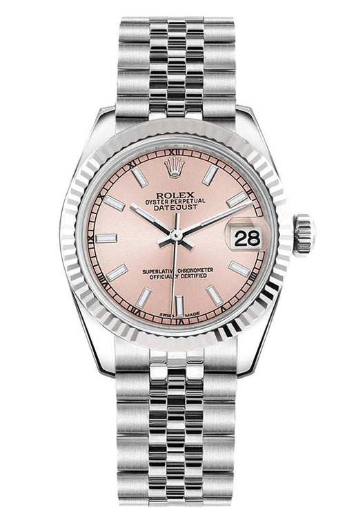 Datejust 31 Pink Dial White Gold Fluted Bezel Jubilee Ladies Watch 178274.