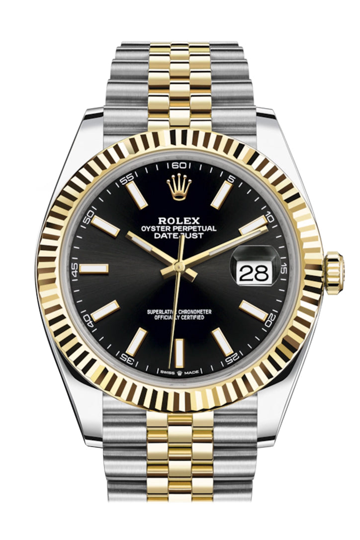 Datejust 41 Black Dial Fluted Bezel 18k Yellow Gold Jubilee Mens Watch 126333.