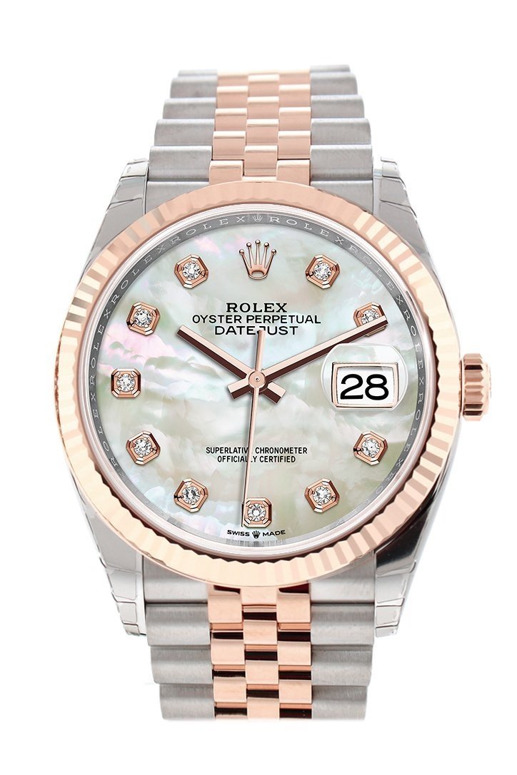 Datejust 36 White Mother-of-Pearl Set with Diamonds Dial Fluted Rose Gold Two Tone Jubilee Watch 126231 NP.
