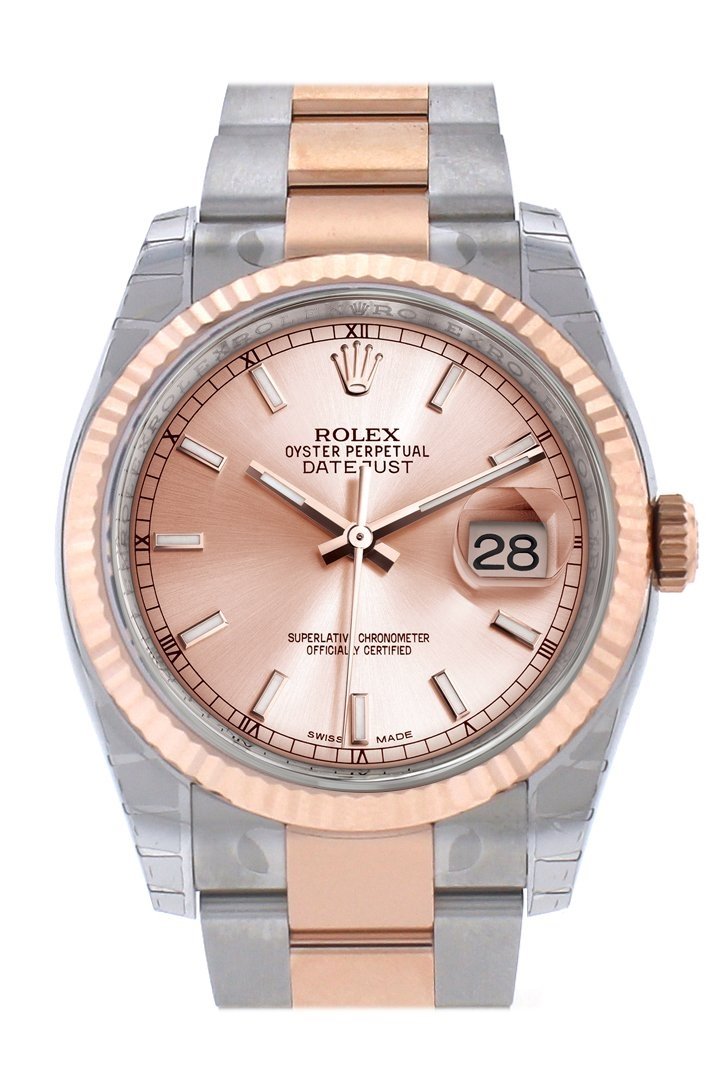 Datejust 36 Pink Dial Fluted Steel and 18k Rose Gold Oyster Watch 116231.