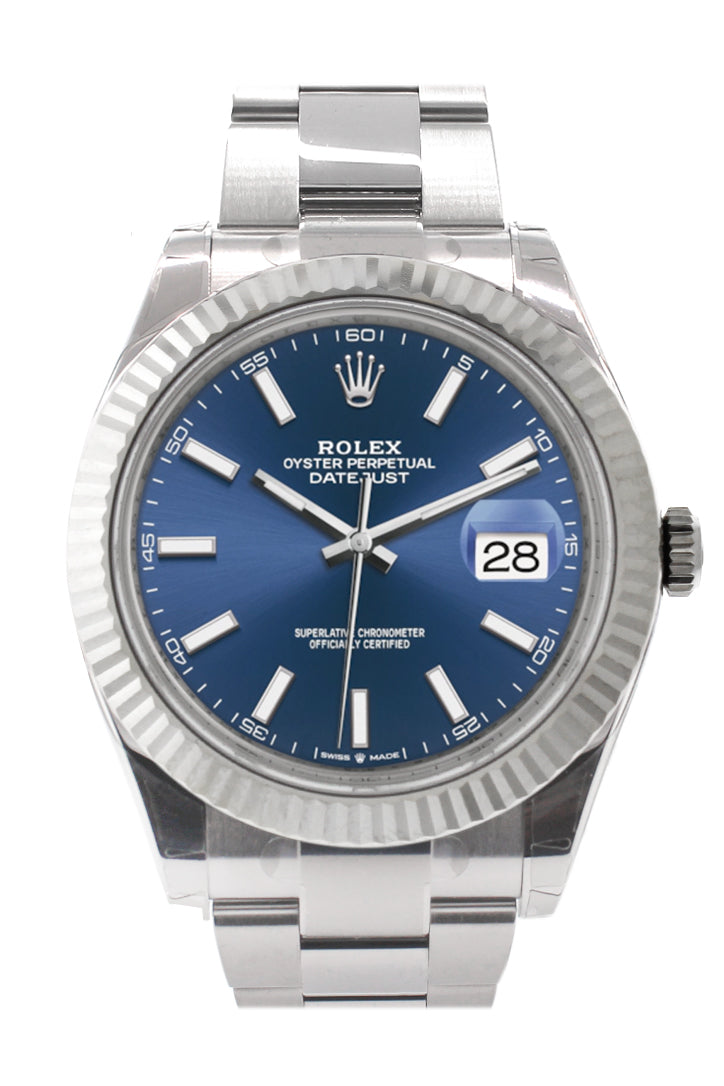 Datejust 41 Blue Dial White Gold Fluted Bezel Mens Watch 126334.