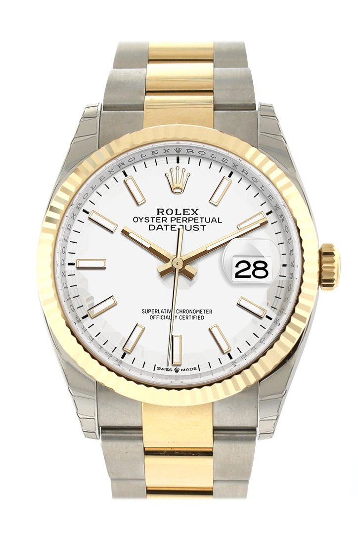Datejust 36 White Dial Fluted Bezel Oyster Yellow Gold Two Tone Watch 126233 NP.