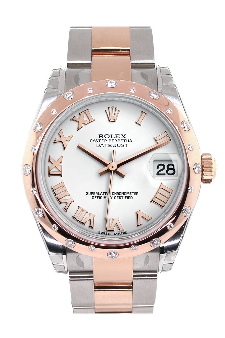 Datejust 31 White Roman Dial Diamond Bezel 18K Rose Gold Two Tone Ladies Watch 278341.