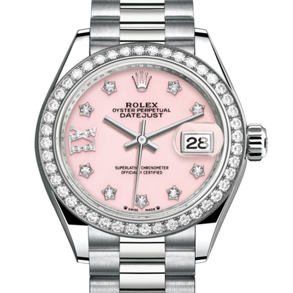 Rolex Lady Datejust 28 White Gold Pink Opal Diamond IX Dial & Diamond Bezel President Bracelet 279139RBR - BRAND NEW