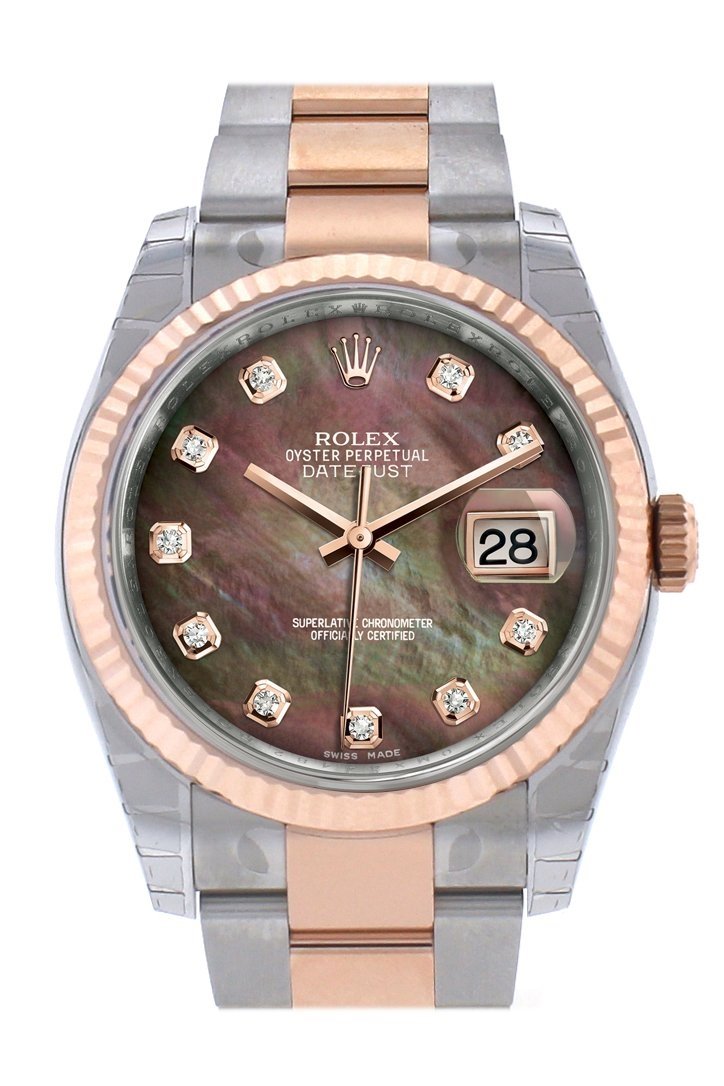 Datejust 36 Black mother-of-pearl set with diamonds Dial Fluted Steel and 18k Rose Gold Oyster Watch 116231.