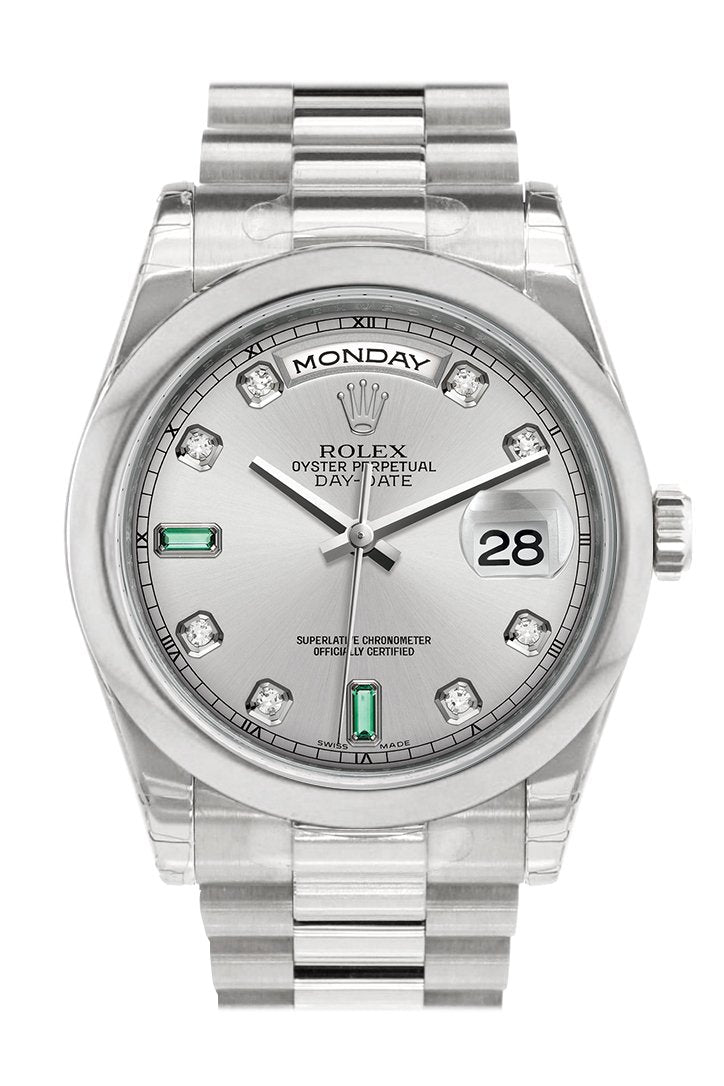 Day Date 36 Rhodium Diamonds Emeralds Dial President Men's Watch 118206.
