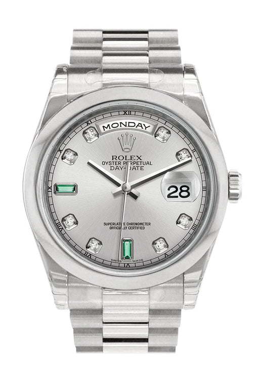 Day Date 36 Rhodium Diamonds Emeralds Dial President Men's Watch 118206.