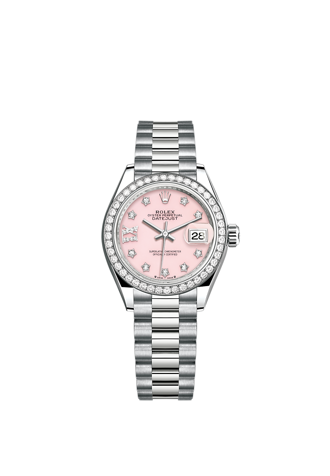 Rolex Lady Datejust 28 White Gold Pink Opal Diamond IX Dial & Diamond Bezel President Bracelet 279139RBR - BRAND NEW