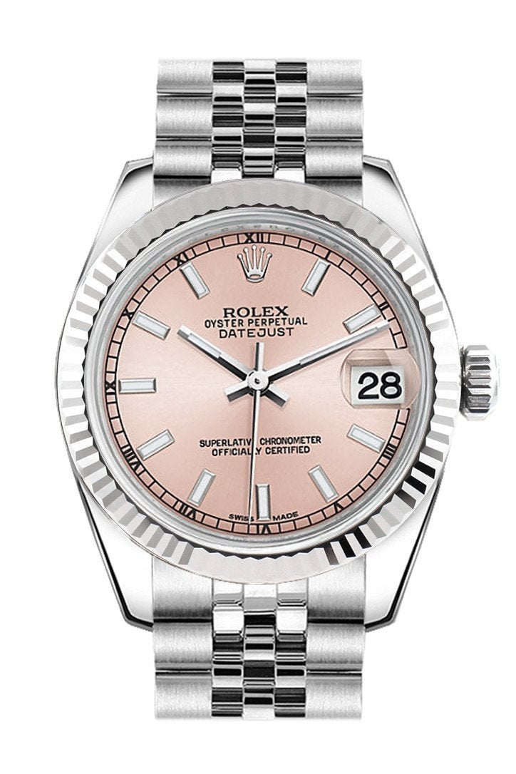 Datejust 31 Pink Dial White Gold Fluted Bezel Jubilee Ladies Watch 178274.
