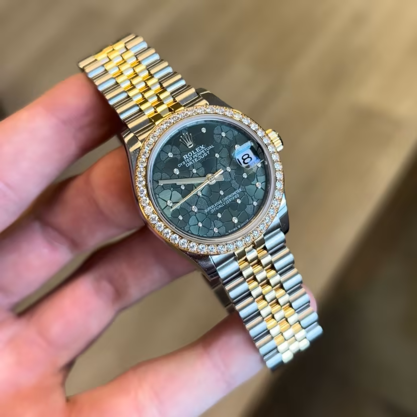 Rolex Datejust 31 Yellow Gold/Steel Olive Green Floral Motif Diamond Dial & Smooth Domed Bezel Oyster Bracelet 278243 - BRAND NEW