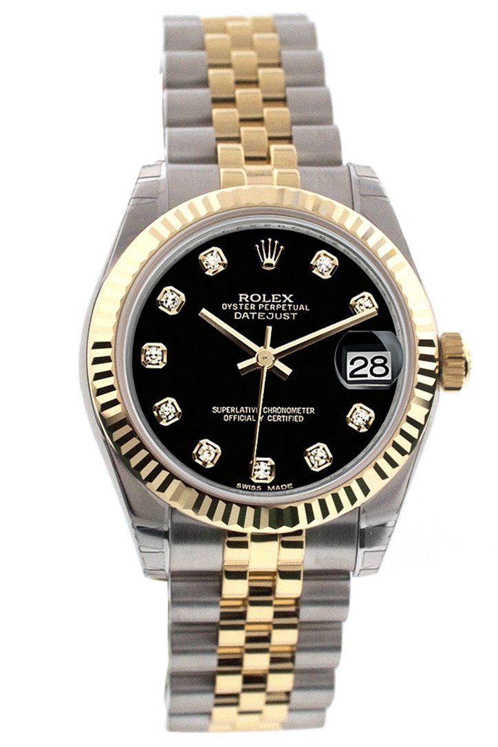 Datejust 31 Black Diamond Dial Fluted Bezel 18K Gold Two Tone Jubilee Ladies 178273.