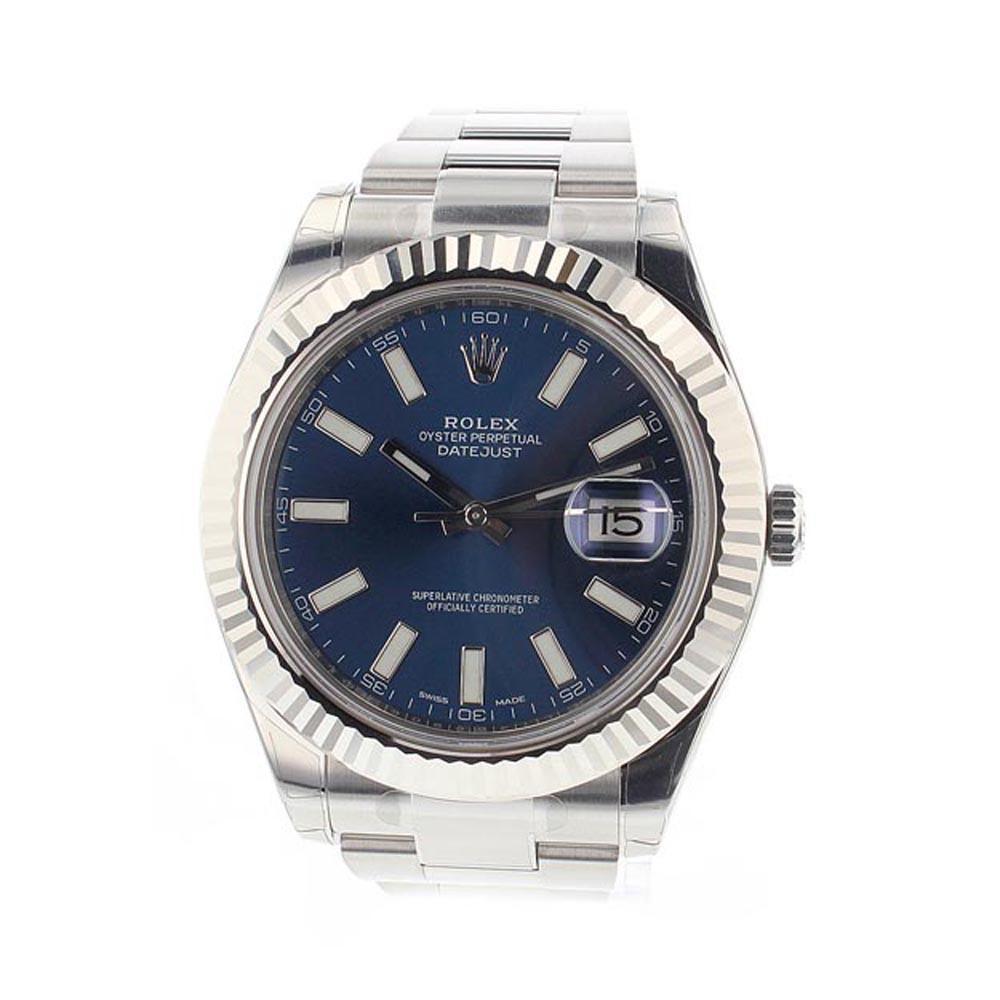 Datejust II 41 Blue Dial 18k White Gold Fluted Bezel Steel Men's Watch 116334.