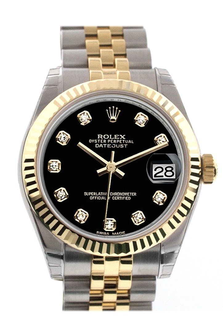 Datejust 31 Black Diamond Dial Fluted Bezel 18K Gold Two Tone Jubilee Ladies 178273.