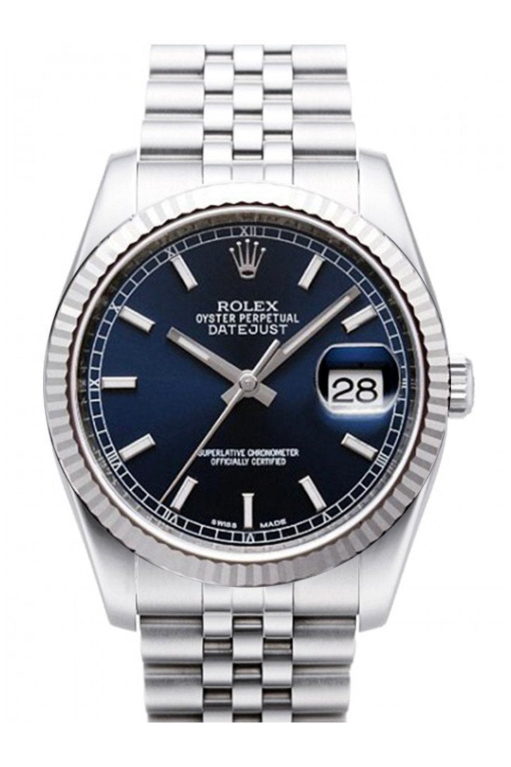 Datejust 36 Blue Dial 18k White Gold Fluted Bezel Stainless Steel Jubilee Watch 116234.